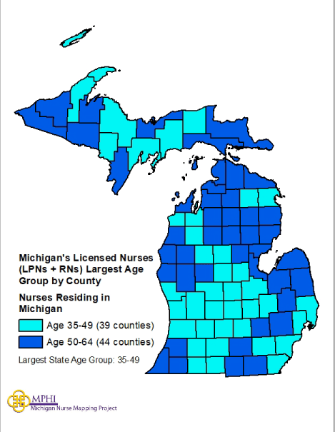 largest age group map of Michigan nurses in 2021